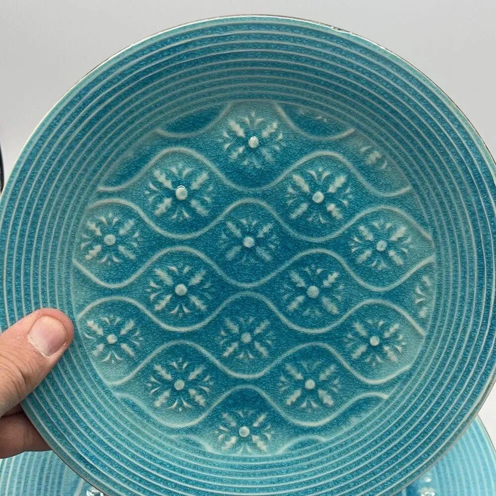 Vintage Set Pier 1 Turquoise Plate Crackle Pattern Stoneware Salad 8.5”  And 11”
